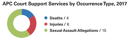 This doughnut demonstrates the amount of APC court support services provided by occurrence type in 2017. 4 of these services were for deaths, 6 were for injuries, and 15 were for sexual assault allegations. 