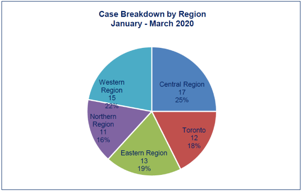This pie chart shows a breakdown of cases by region. 11% of investigations were launched in the Northern region, 13% were launched in the Eastern region, 25% were in the Central region, 12% in the Toronto region and 22% in the Western region.