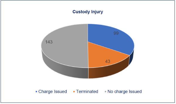 This pie chart shows the average number of days it took to close custody injury cases. 143 days spent with no charge issued, 99 days with charges issued and 43 days to terminate. 