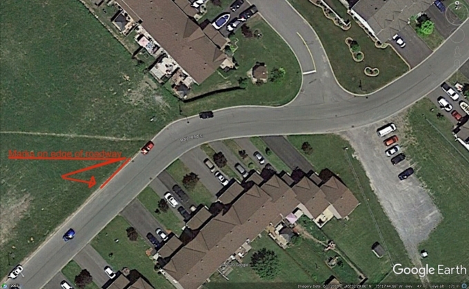 Figure 1 - Google Earth Pro image, edited to show where marks were found on the roadway..