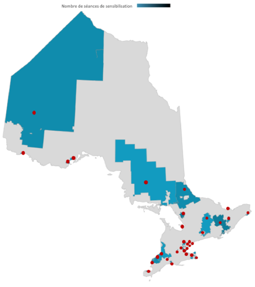 Carte de la province de l’Ontario avec des points rouges et des régions ombrées indiquant où et combien de séances de sensibilisation ont eu lieu.