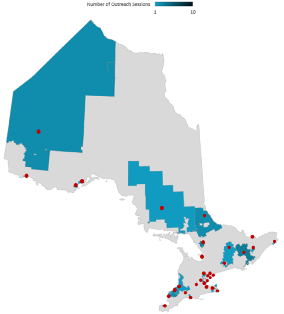 Map of the Province of Ontario with red dots and shaded regions indicating where and how many outreach sessions were held.