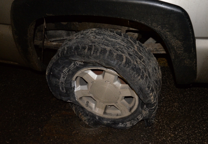 Figure 2 – STPS photograph of one of the damaged rear tires on the GMC pick-up truck