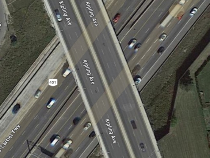 Figure 1 - Google Earth aerial view the Kipling Avenue overpass of Highway 401