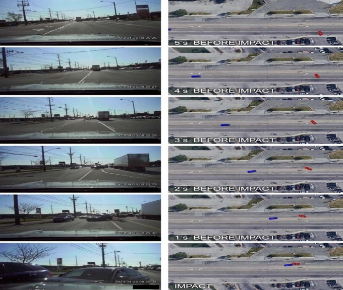 Figure 4 - Series of images showing screenshots of ICCS footage and the locations of the vehicles in the five seconds before impact
