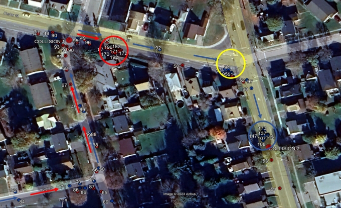 Figure 6 – Image de Google Maps avec des indications marquant l’emplacement des voitures de l’AI et de l’AT no 1. Les flèches rouges montrent les déplacements du véhicule de l’AI et le cercle rouge, l’endroit où il s’est immobilisé. 
Les flèches bleues désignent quant à elles les déplacements de la voiture de l’AT no 1, et le cercle bleu, là où la voiture s’est arrêtée. Le cercle jaune marque l’emplacement où l’AT no 1 s’est arrêté au moins 30 secondes, avant de repartir. 

