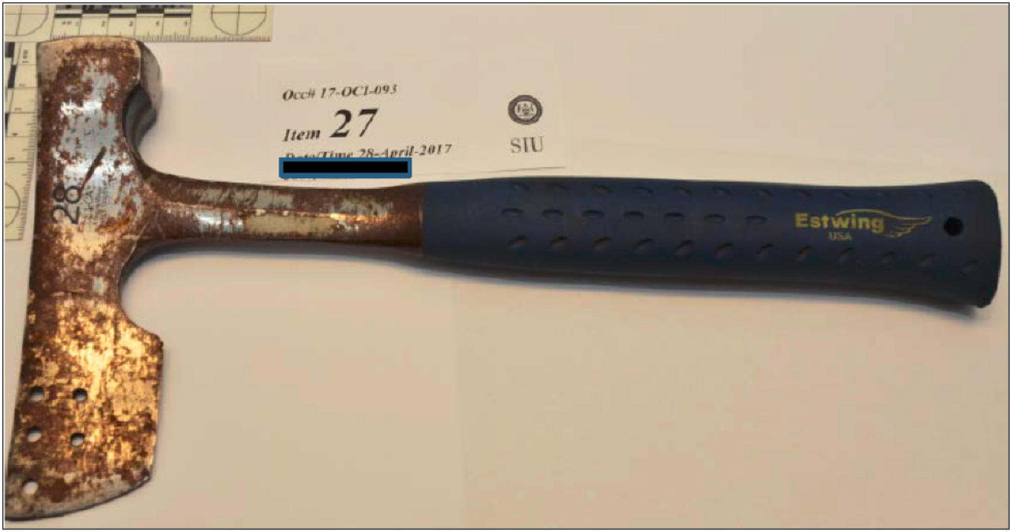 A photo of the axe taken from the Complainant’s waistband following his arrest