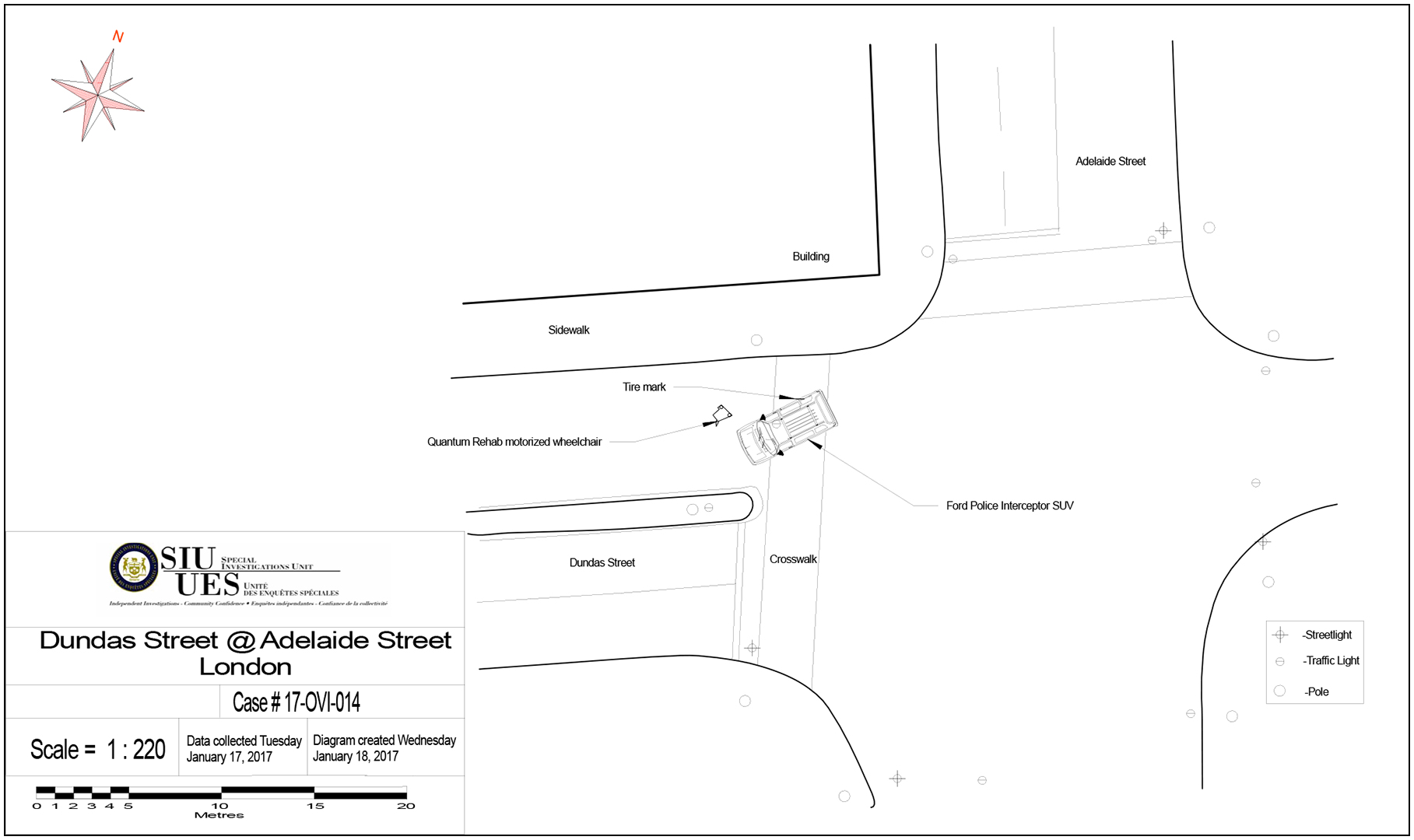 Diagram of the intersection of Dundas Street and Adelaide Street, showing the location of the police vehicle and wheelchair