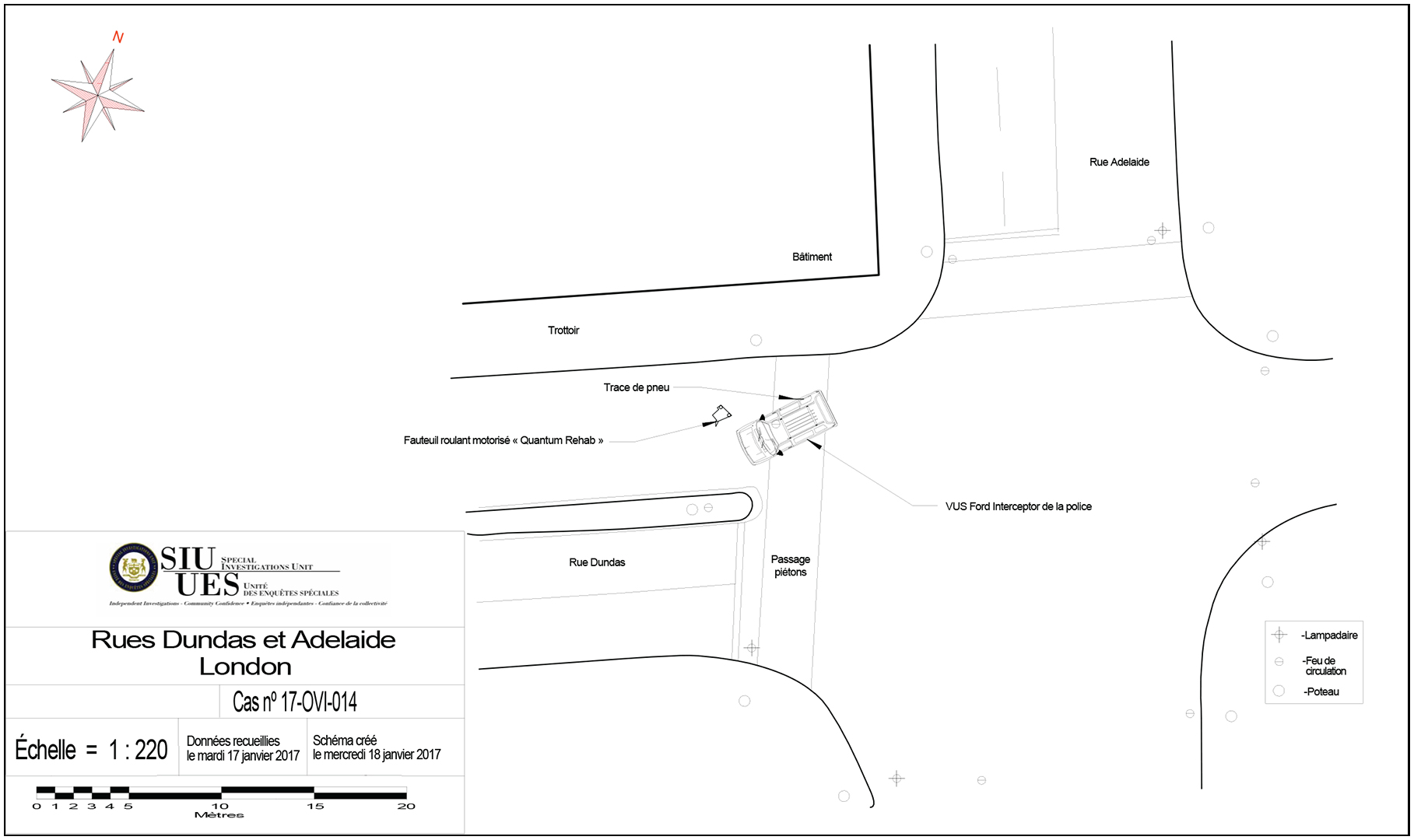 Diagramme de l’intersection de la rue Dundas et de la rue Adelaide, montrant l’emplacement du véhicule de police et de la fauteuil roulant