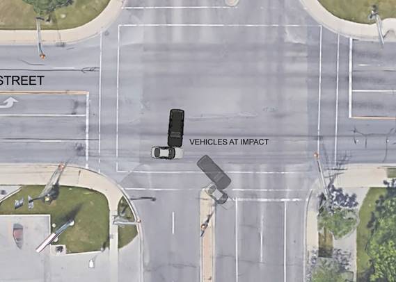 Figure 6 - Aerial image with the vehicles at impact (final rest positions are shown